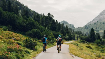 Zwei Radfahrer fahren auf Bergstraße durch grüne Landschaft mit Bäumen und Blumen